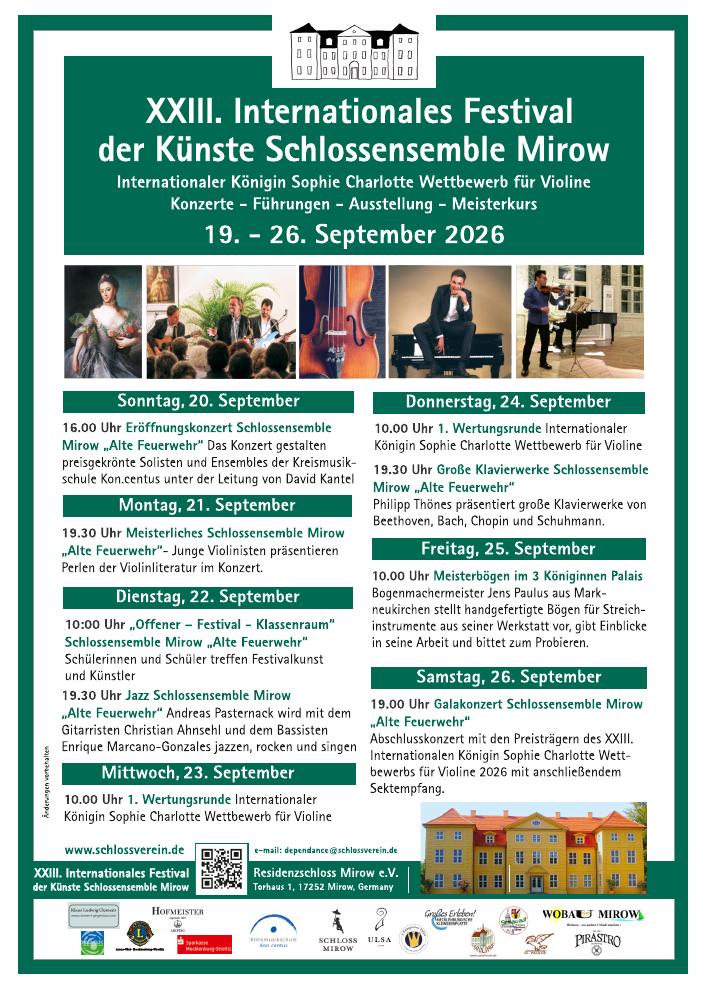 Festivalplakat 2026: XXIII. Internationales Festival der Künste Schlossensemble Mirow, 19. bis 26. September 2026